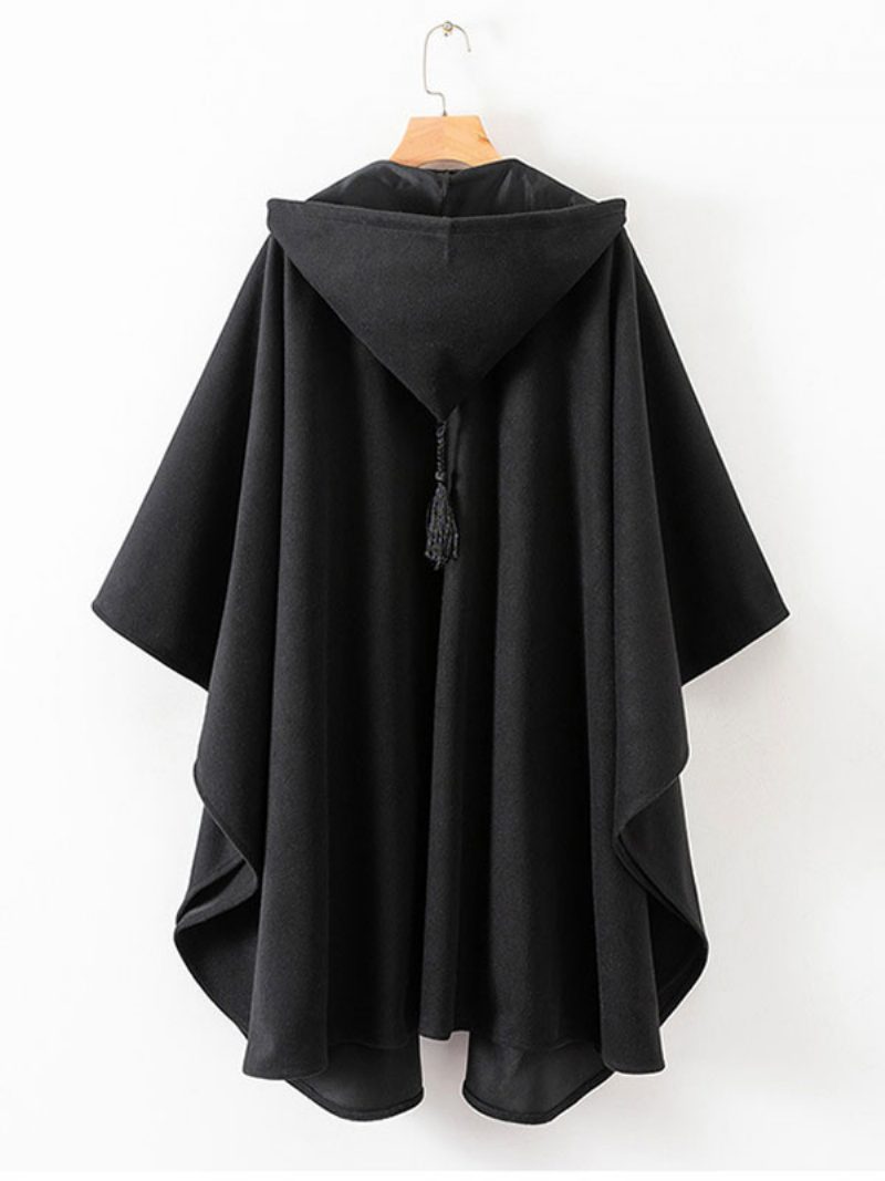 Damen-poncho Mit Kapuze Schwarzer Poncho Übergroßes Cape Quasten - Schwarz