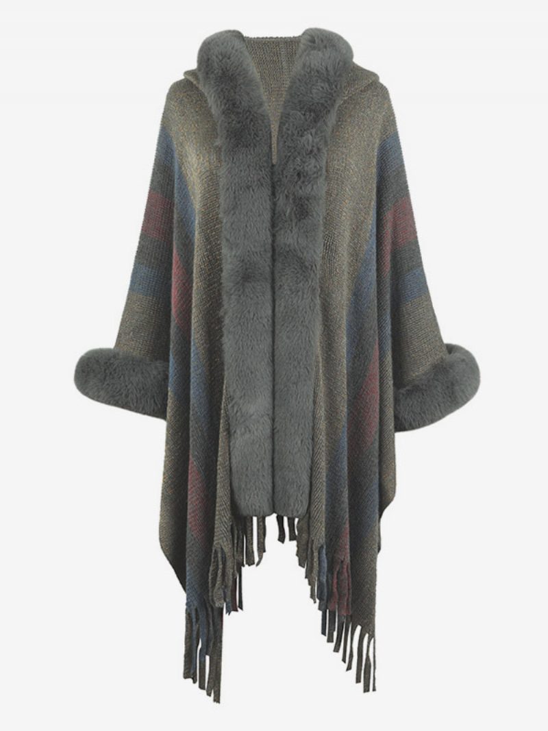 Damen-poncho Mit Kapuze Streifen Quastenbesatz Übergroßer Herbst-winter-umhang - Grau