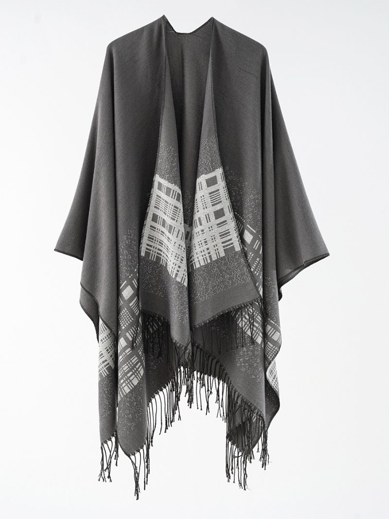 Damen-poncho Mit Karomuster Frühling Herbst Alltag Lässig Fransen - Tiefgrau