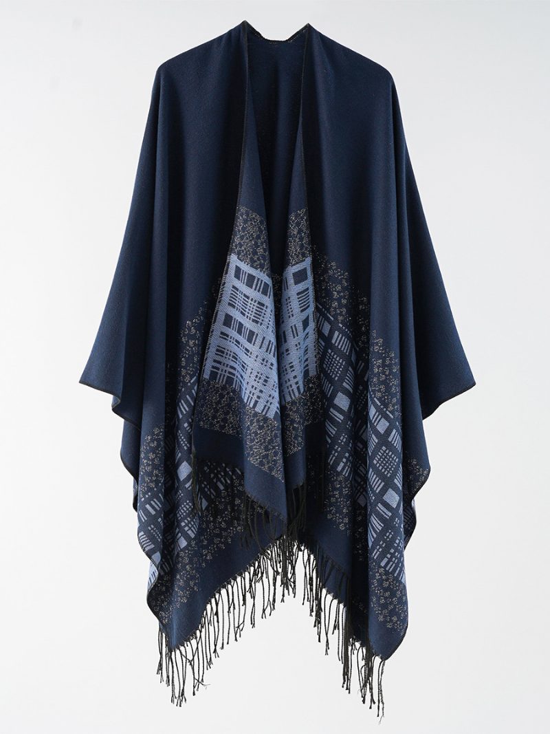 Damen-poncho Mit Karomuster Frühling Herbst Alltag Lässig Fransen - Dunkle Marine