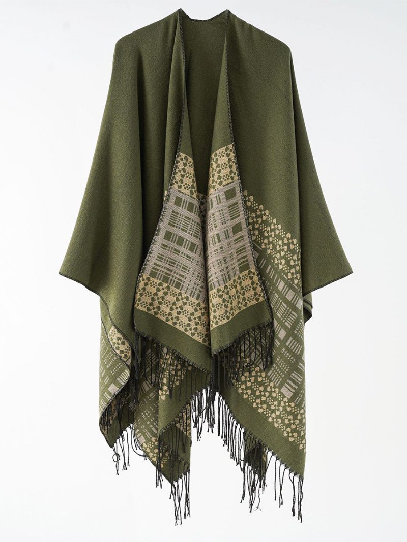 Damen-poncho Mit Karomuster Frühling Herbst Alltag Lässig Fransen - Huntergrün