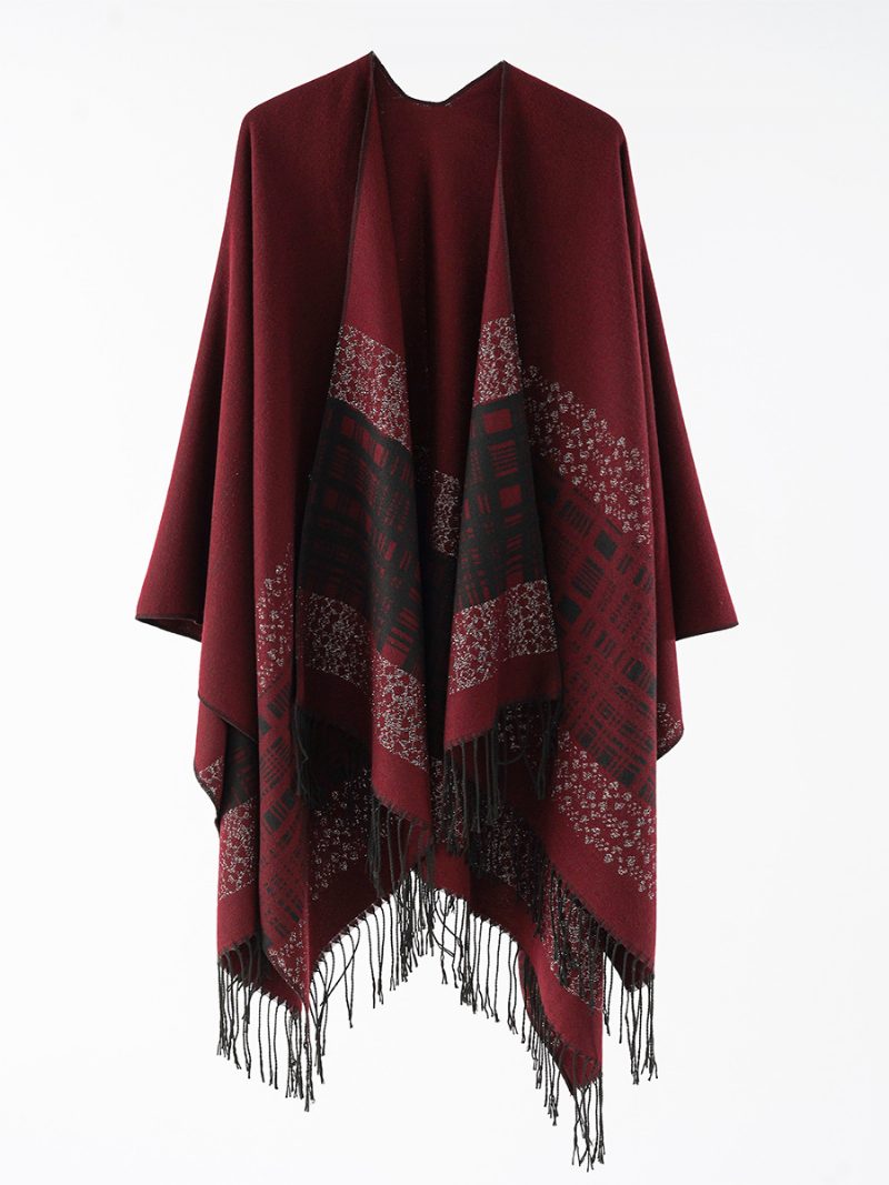 Damen-poncho Mit Karomuster Frühling Herbst Alltag Lässig Fransen - Burgund