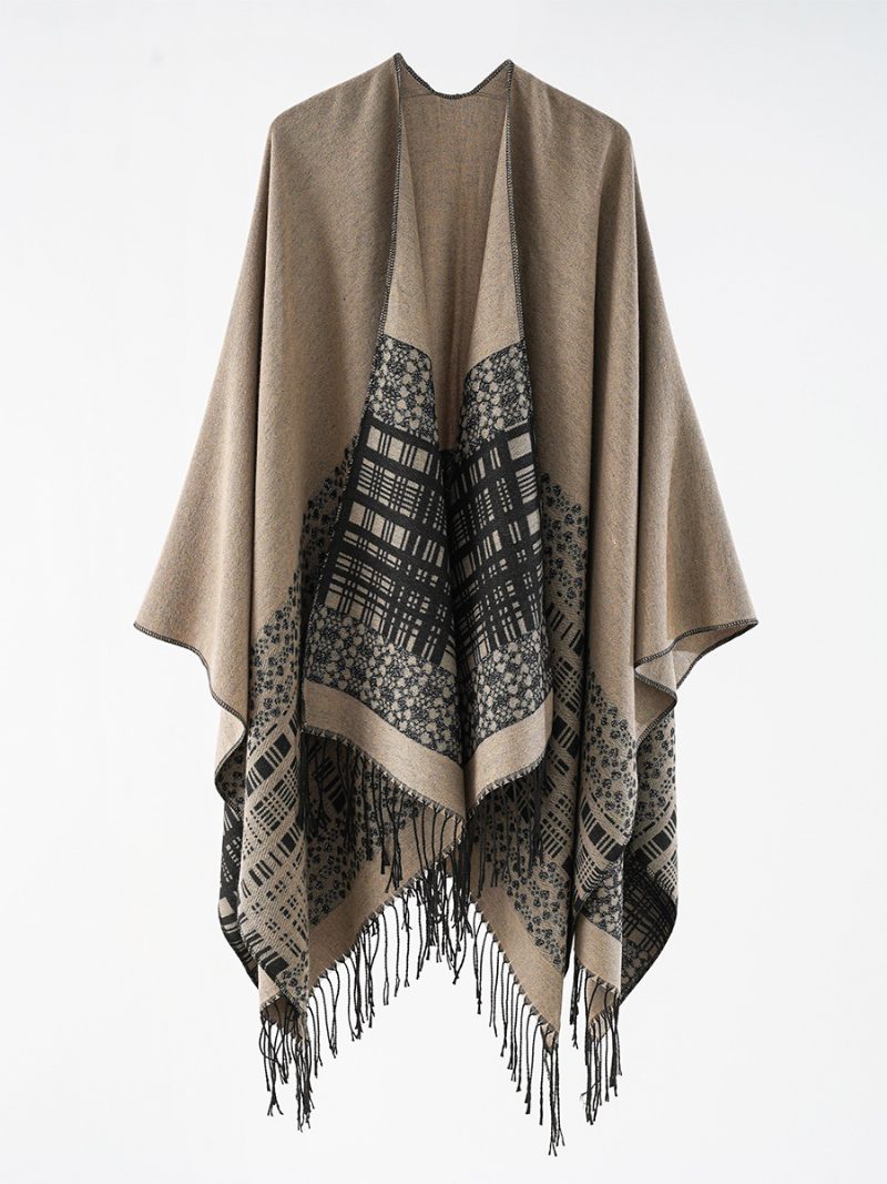 Damen-poncho Mit Karomuster Frühling Herbst Alltag Lässig Fransen - Khaki