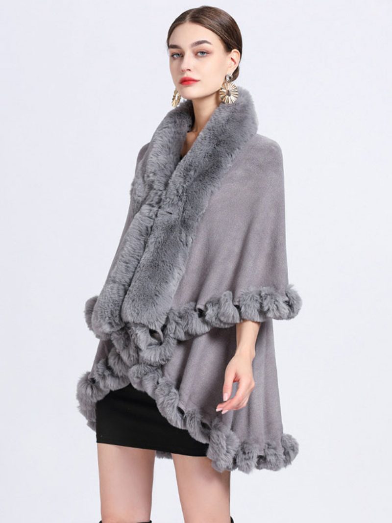 Damen Poncho Mit Kunstpelzkragen Cape Frühlingsoberbekleidung - Grau