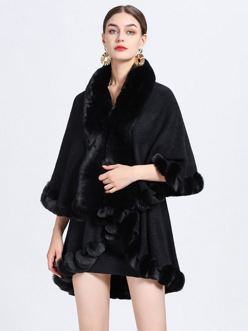 Damen Poncho Mit Kunstpelzkragen Cape Frühlingsoberbekleidung - Schwarz