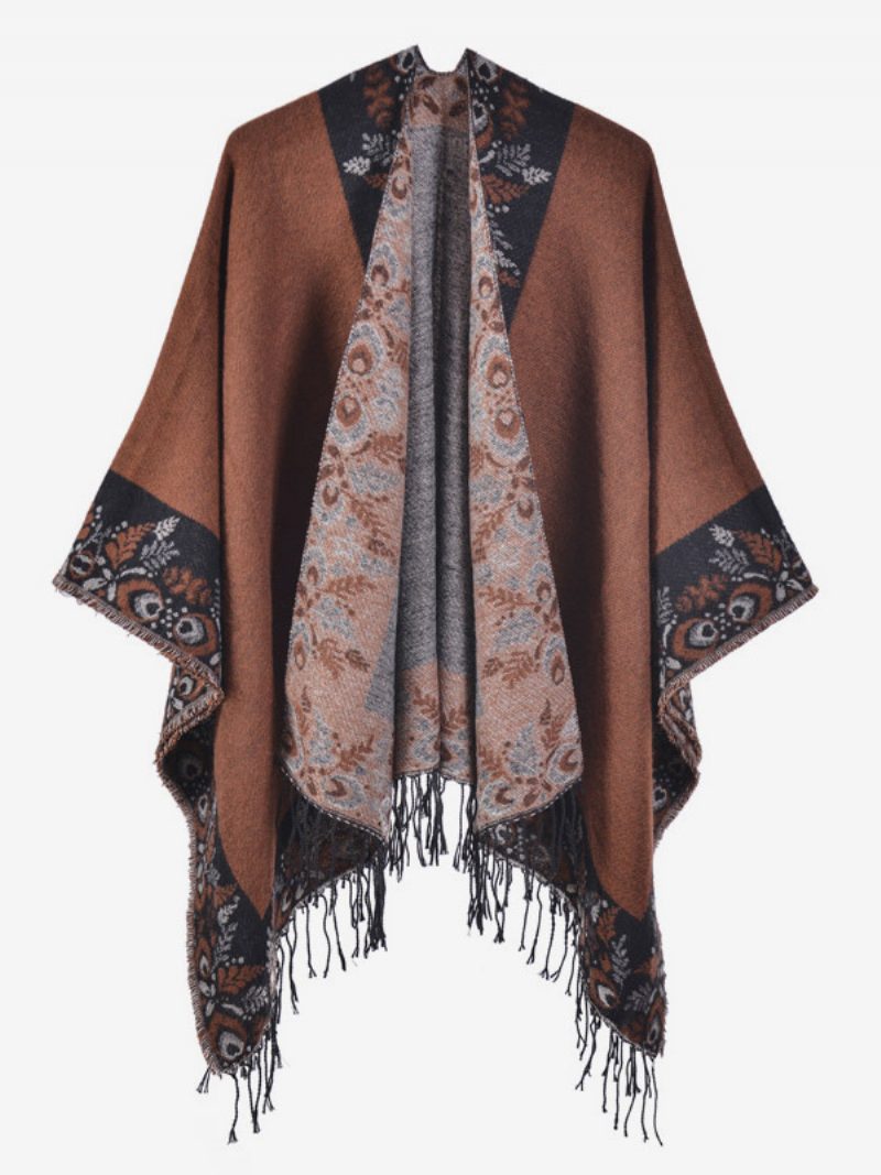 Damen-ponchos Im Bohemian-stil Mit Fransen Bedruckt Übergroß Für Herbst Und Winter - Kaffeebraun