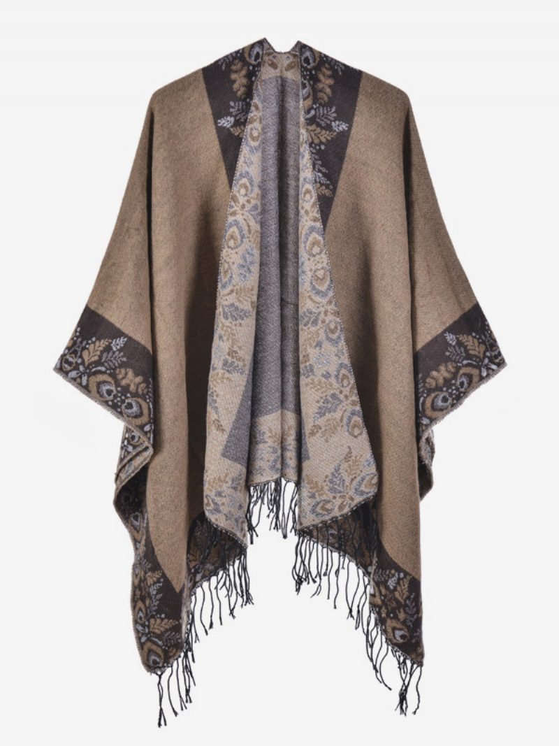 Damen-ponchos Im Bohemian-stil Mit Fransen Bedruckt Übergroß Für Herbst Und Winter - Kamel