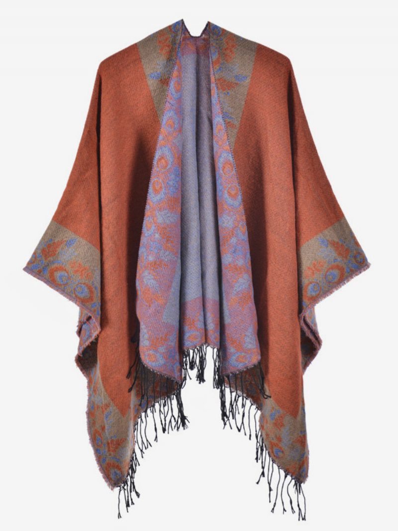 Damen-ponchos Im Bohemian-stil Mit Fransen Bedruckt Übergroß Für Herbst Und Winter - Orange