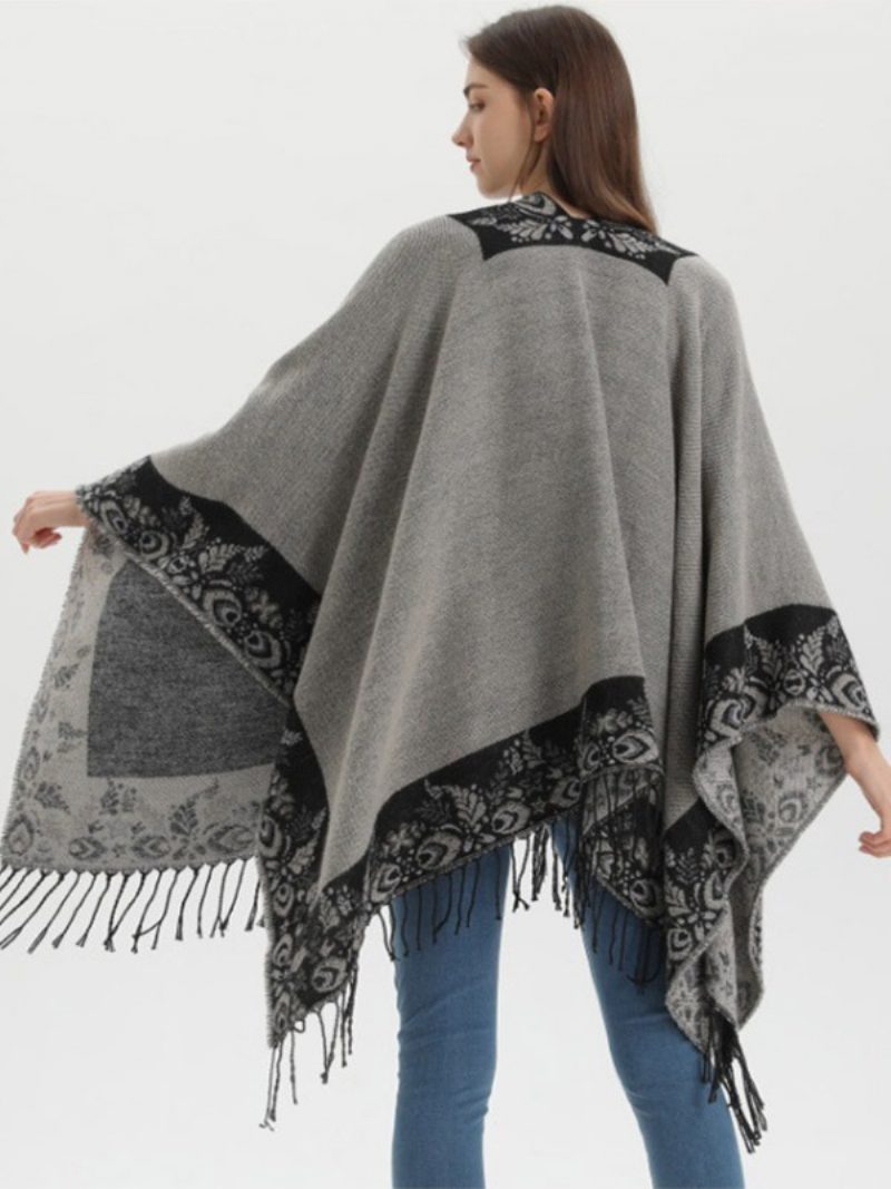 Damen-ponchos Im Bohemian-stil Mit Fransen Bedruckt Übergroß Für Herbst Und Winter - Schwarz