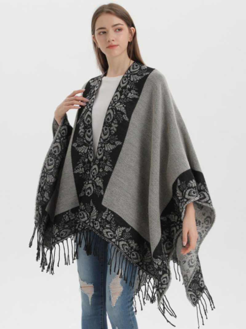 Damen-ponchos Im Bohemian-stil Mit Fransen Bedruckt Übergroß Für Herbst Und Winter - Schwarz