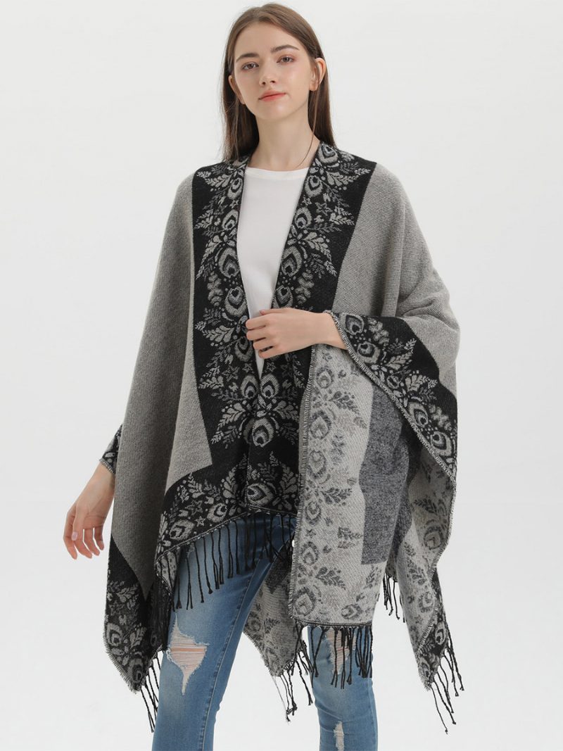 Damen-ponchos Im Bohemian-stil Mit Fransen Bedruckt Übergroß Für Herbst Und Winter - Schwarz