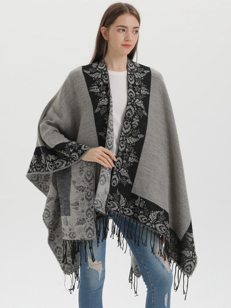 Damen-ponchos Im Bohemian-stil Mit Fransen Bedruckt Übergroß Für Herbst Und Winter - Schwarz