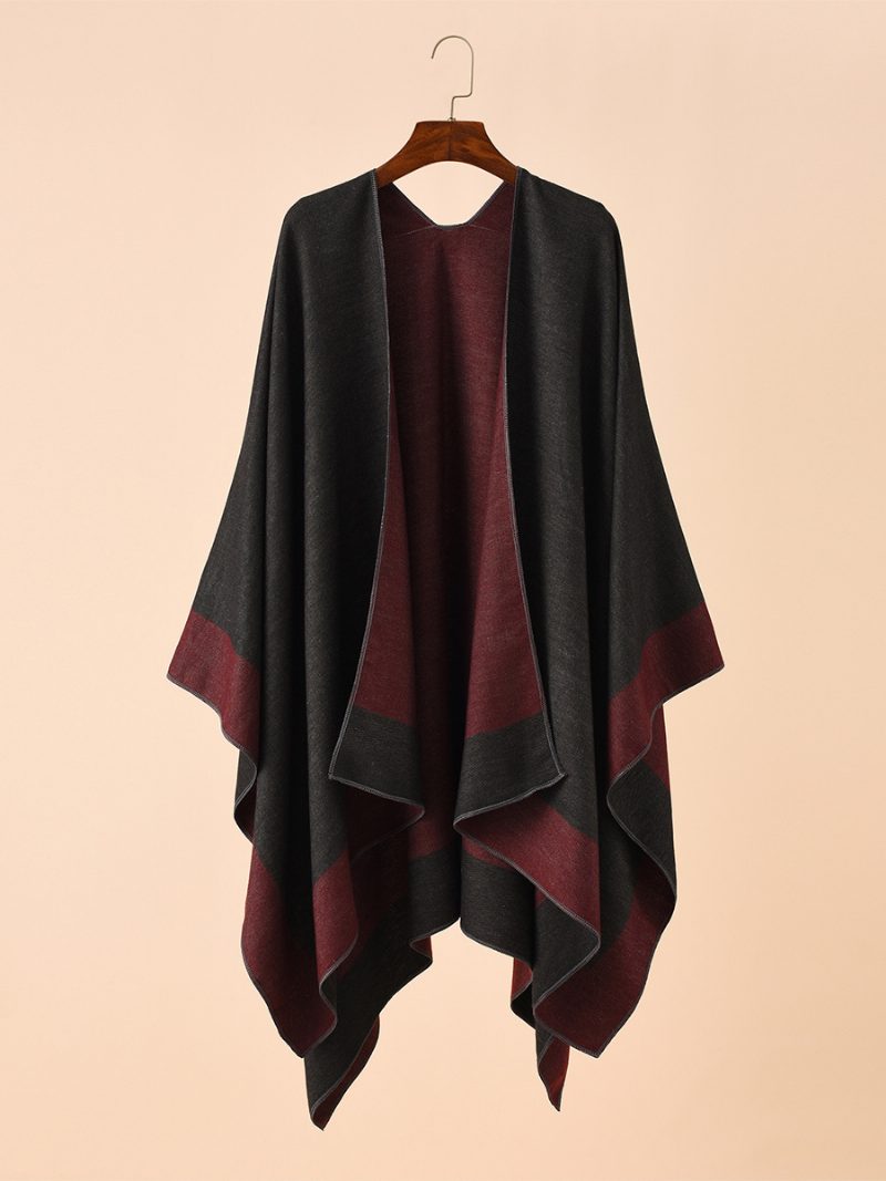 Farbblock-poncho Für Damen Täglicher Lässiger Umhang - Burgund