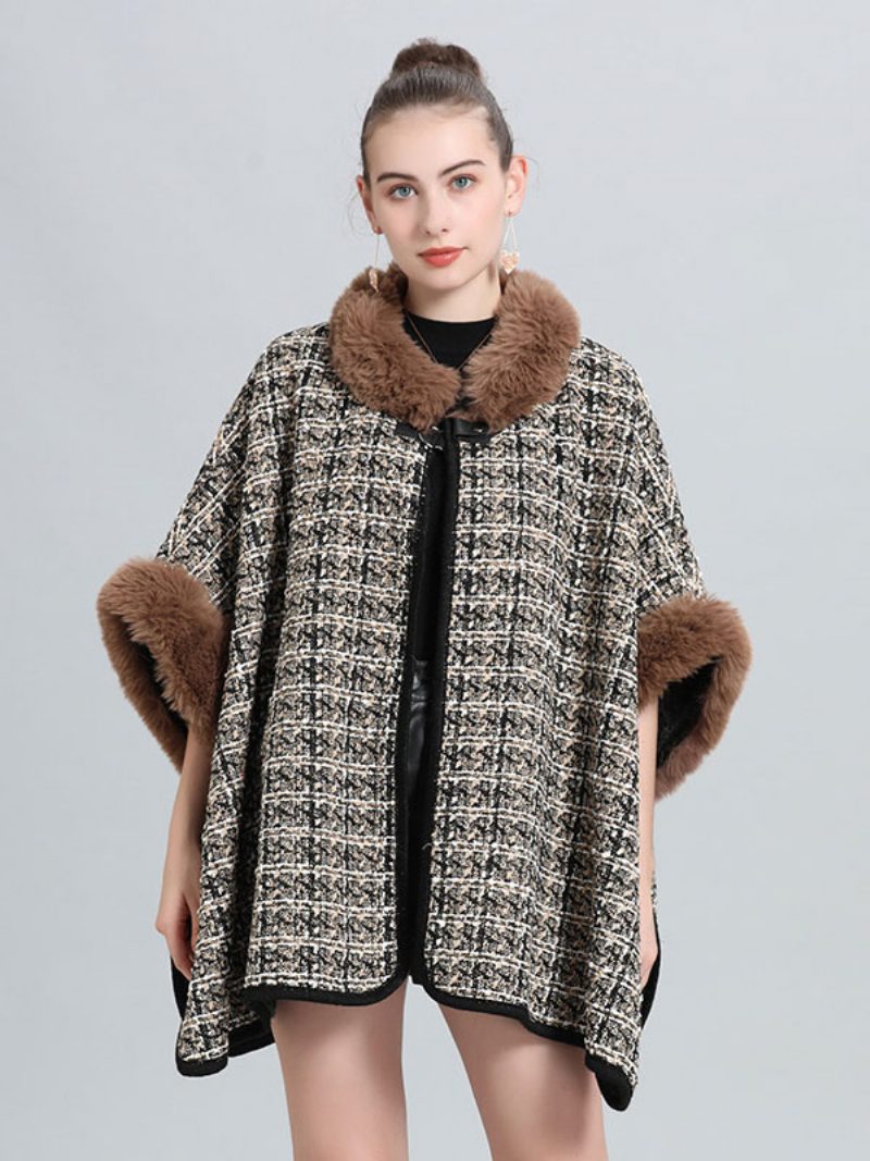 Frauen Poncho Mantel Plaid Cape Frühling Oberbekleidung 2024 - Kaffeebraun