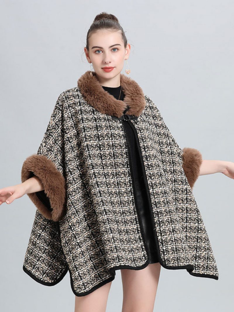 Frauen Poncho Mantel Plaid Cape Frühling Oberbekleidung 2024 - Kaffeebraun