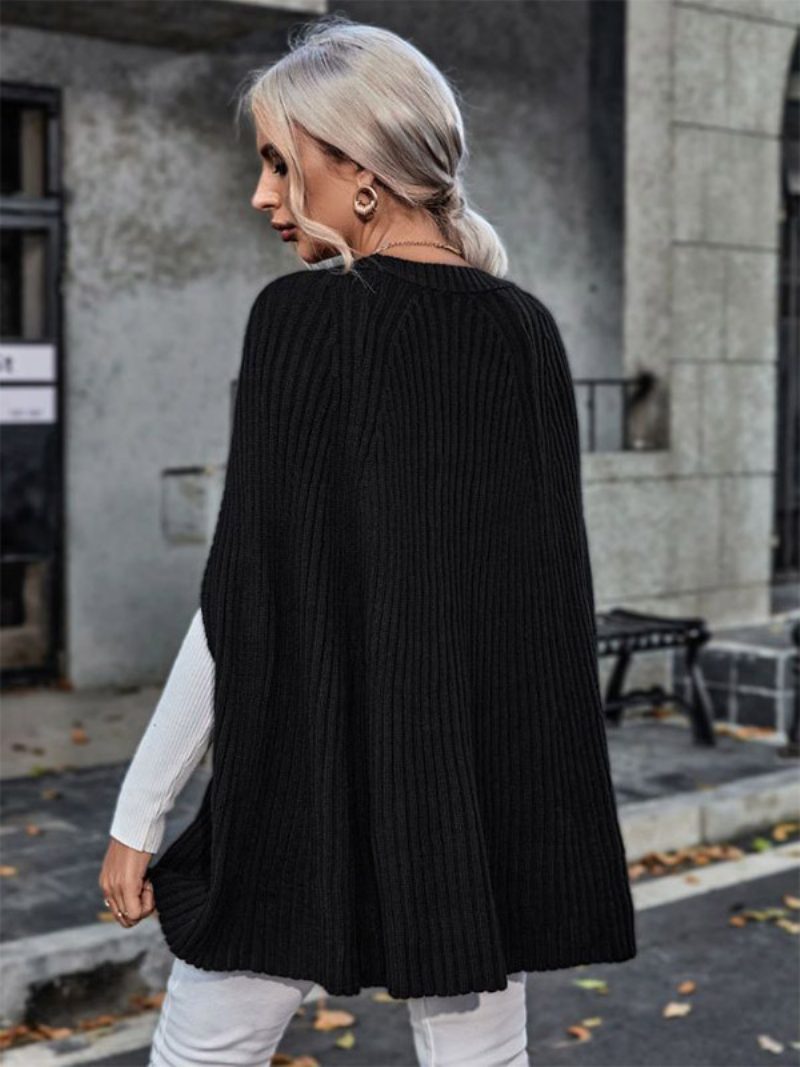 Gestrickter Poncho Für Damen Mit Juwelenhals Schwarz Herbst-frühling-cape - Schwarz