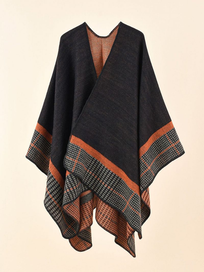 Olivfarbener Cape-poncho Für Damen Kariert Frühling Sommer Herbst Und Winter - Schwarz