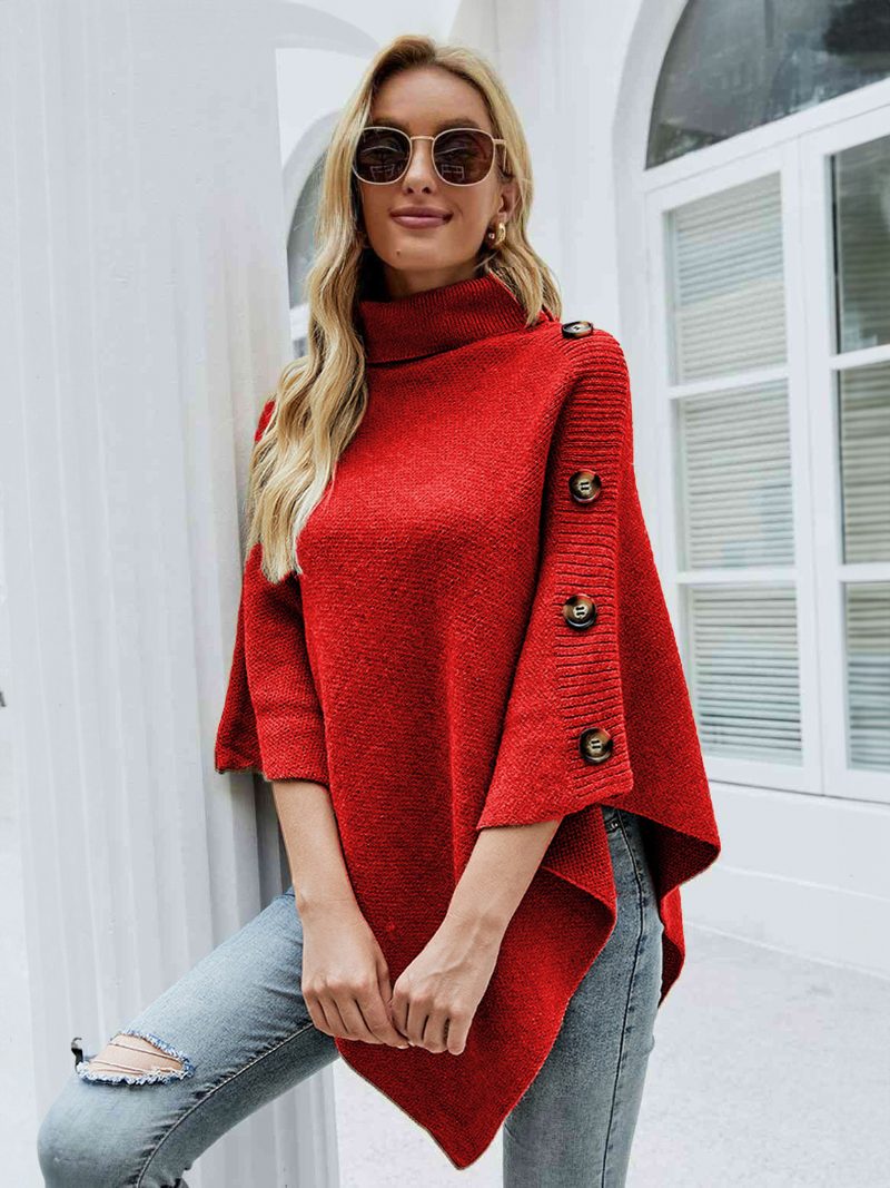 Poncho Für Damen Hoher Kragen Cape Frühlingsoberbekleidung - Rot