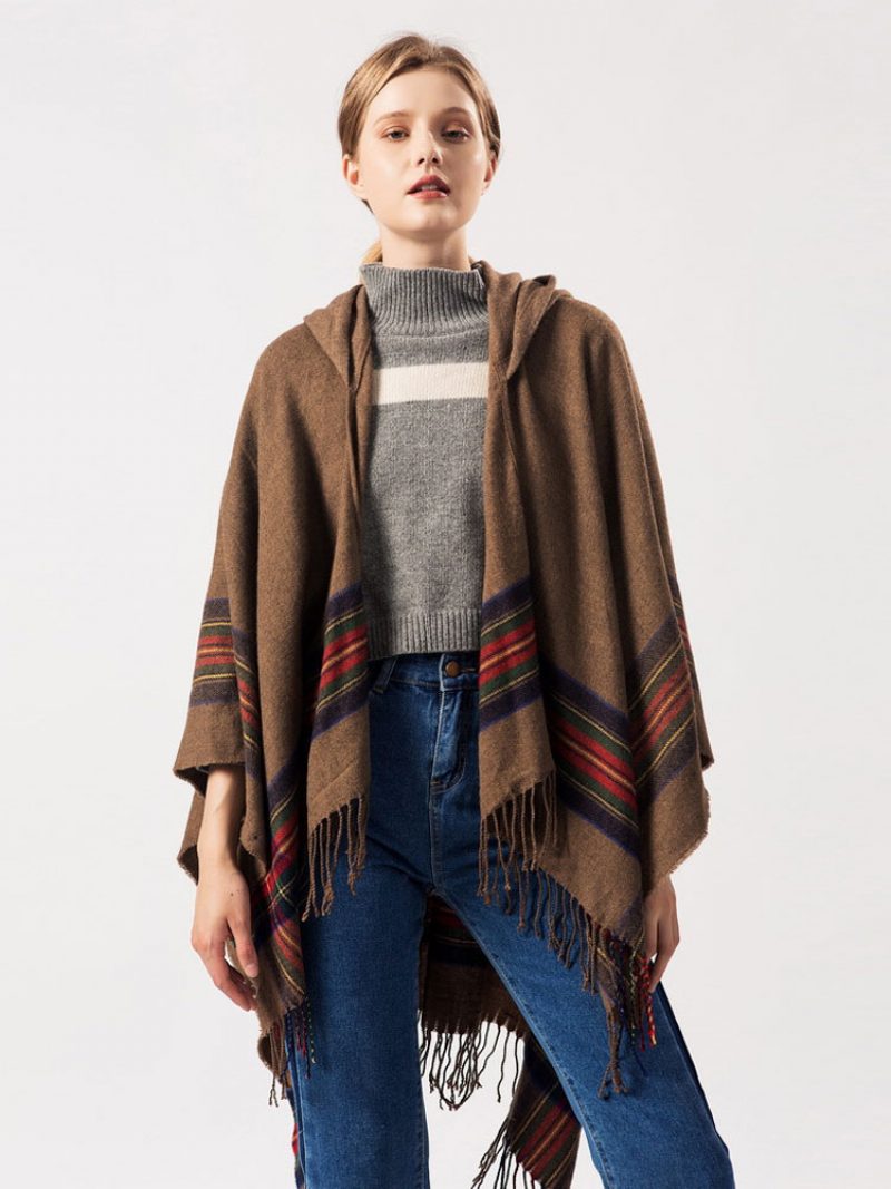 Schal Wrap Bohemian Kapuzen Fransen Poncho Cardigan Cape Für Frauen