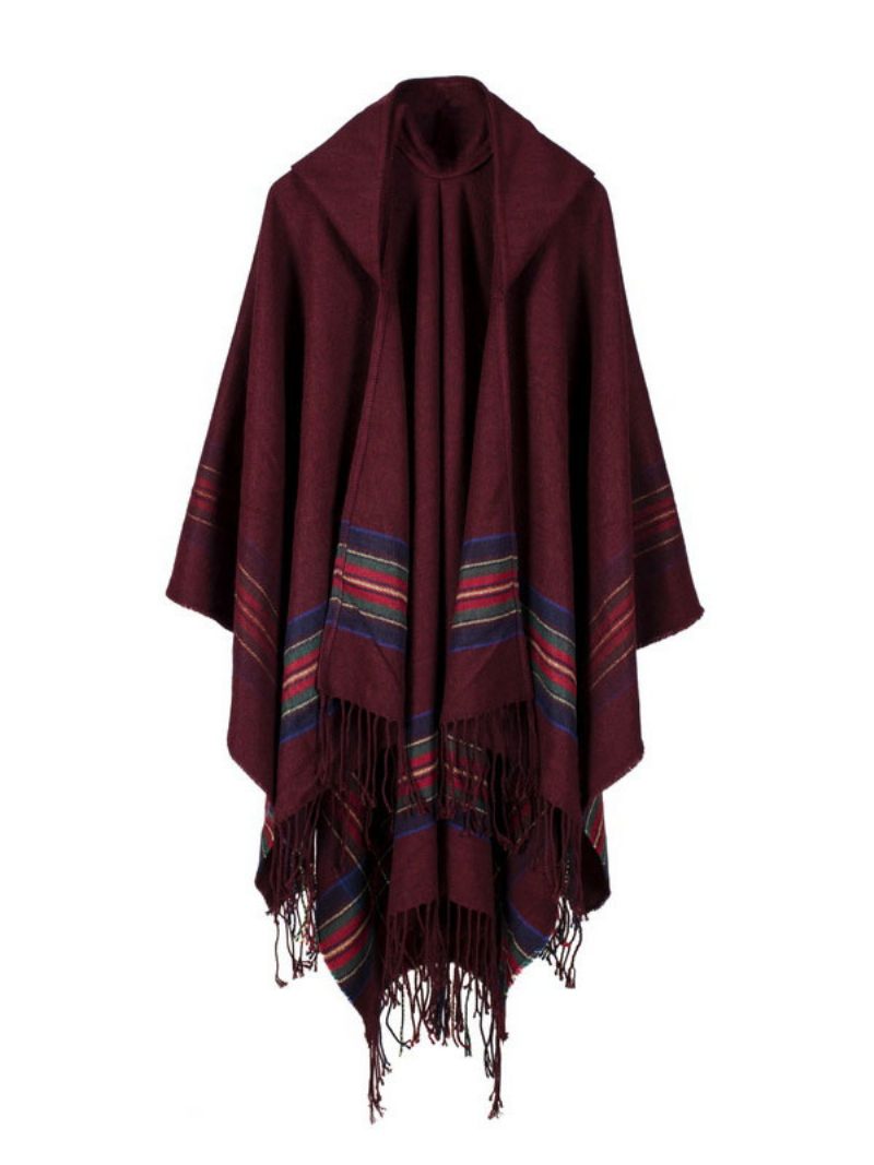 Schal Wrap Bohemian Kapuzen Fransen Poncho Cardigan Cape Für Frauen - Burgund