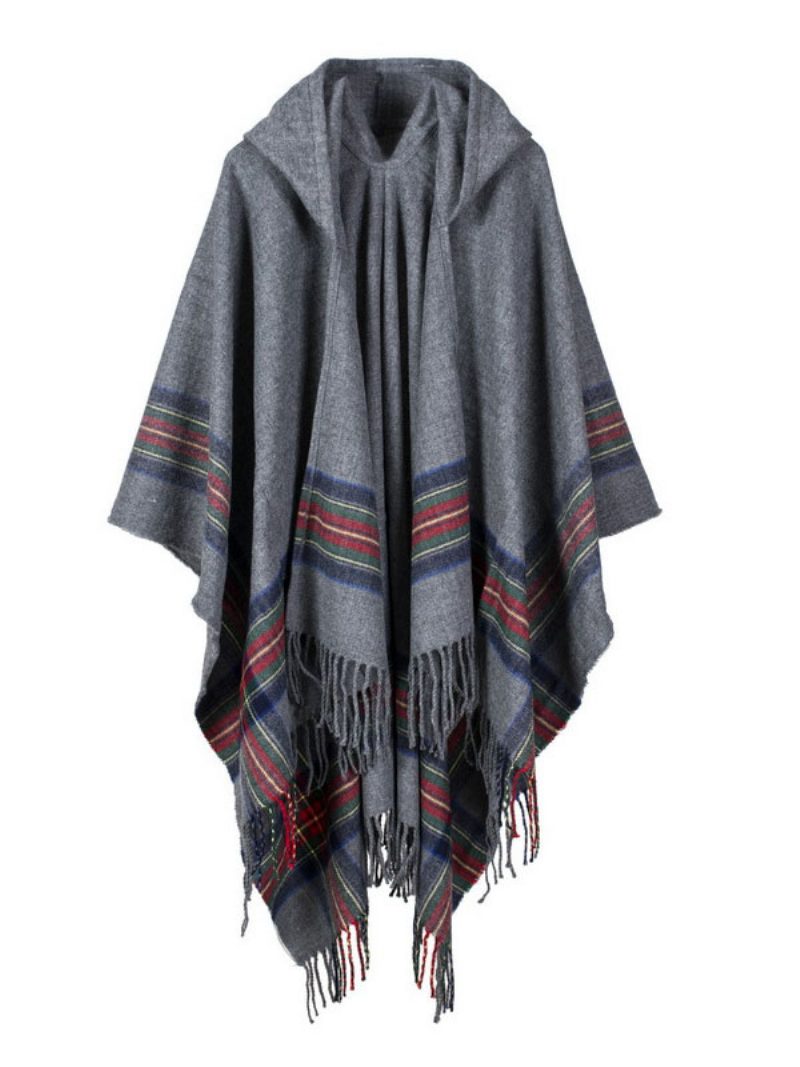 Schal Wrap Bohemian Kapuzen Fransen Poncho Cardigan Cape Für Frauen - Grau