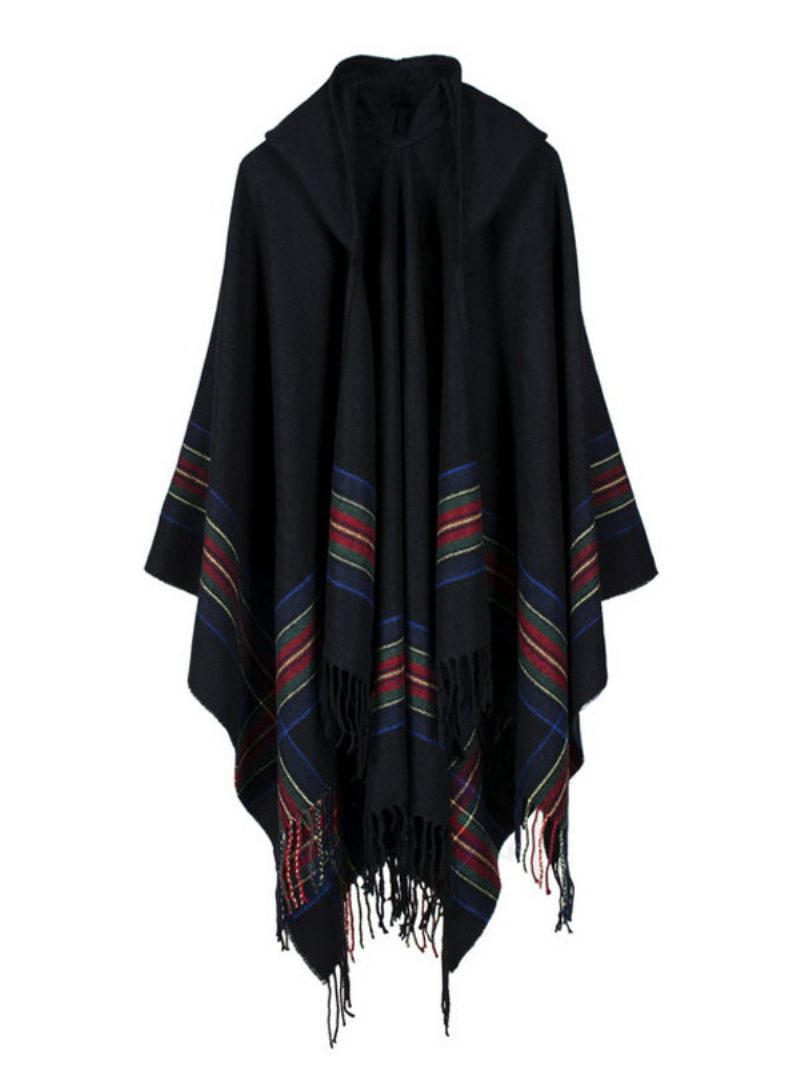 Schal Wrap Bohemian Kapuzen Fransen Poncho Cardigan Cape Für Frauen - Schwarz