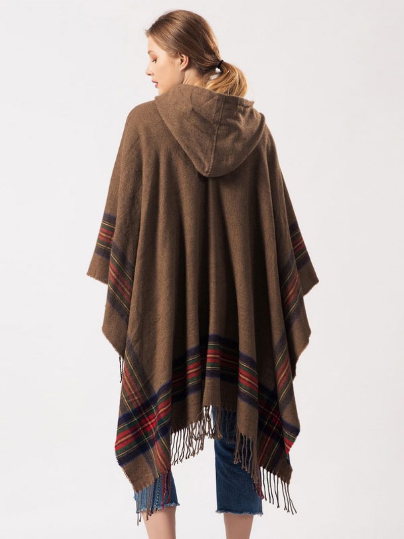 Schal Wrap Bohemian Kapuzen Fransen Poncho Cardigan Cape Für Frauen - Khaki