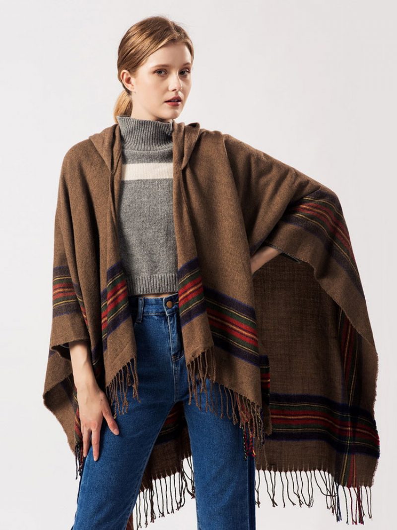 Schal Wrap Bohemian Kapuzen Fransen Poncho Cardigan Cape Für Frauen - Khaki