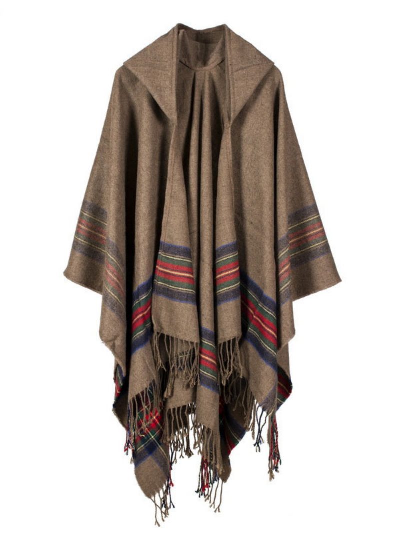 Schal Wrap Bohemian Kapuzen Fransen Poncho Cardigan Cape Für Frauen - Khaki