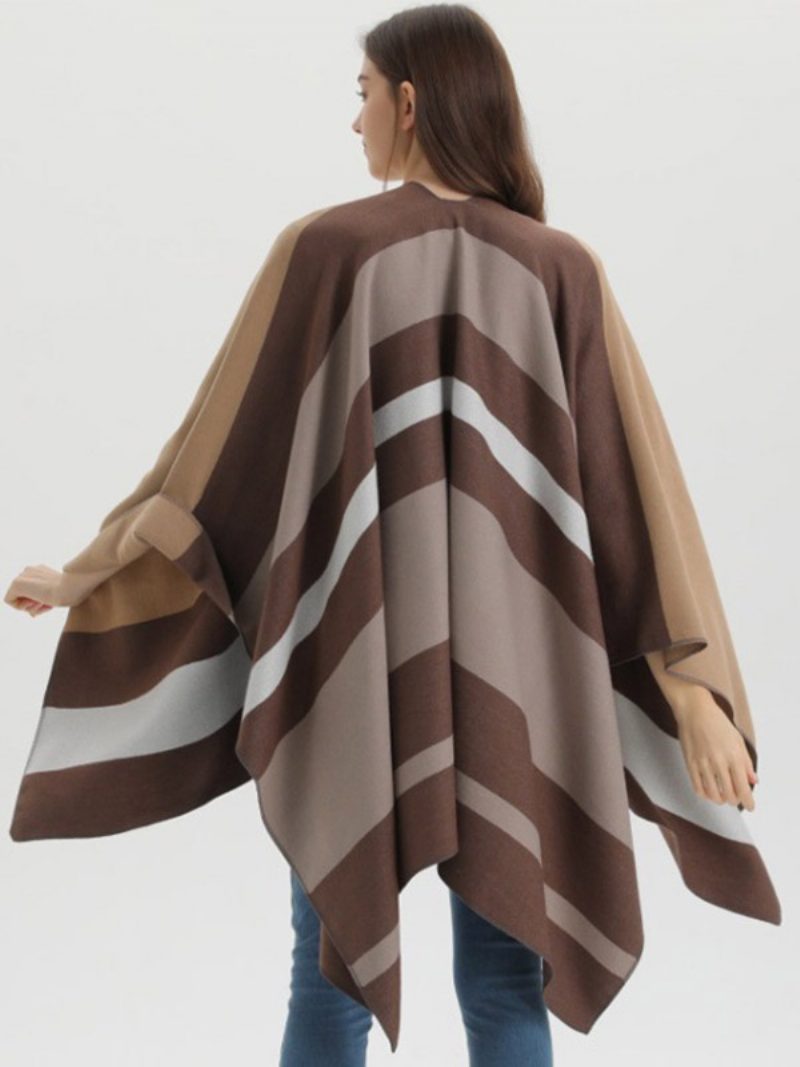 Übergroßer Damen-cape-streifen-farbblock-herbst-winter-poncho - Kaffeebraun