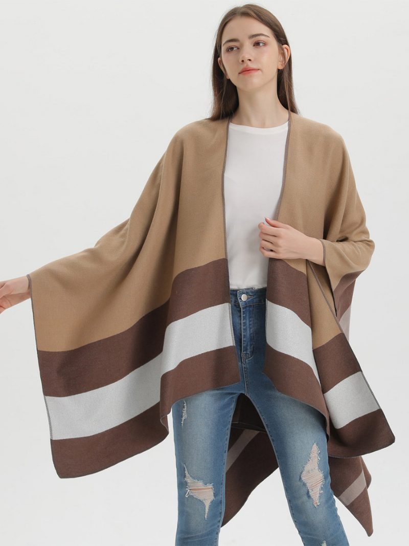 Übergroßer Damen-cape-streifen-farbblock-herbst-winter-poncho - Kaffeebraun