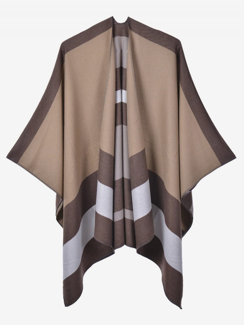 Übergroßer Damen-cape-streifen-farbblock-herbst-winter-poncho - Kaffeebraun