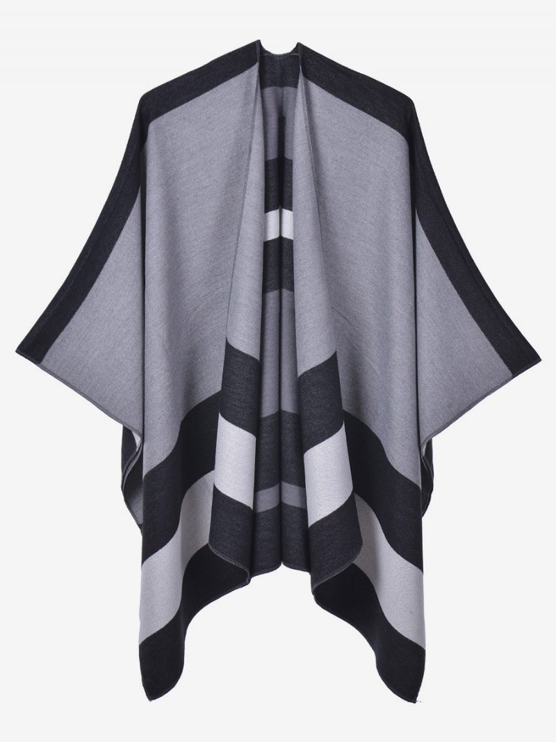 Übergroßer Damen-cape-streifen-farbblock-herbst-winter-poncho - Schwarz