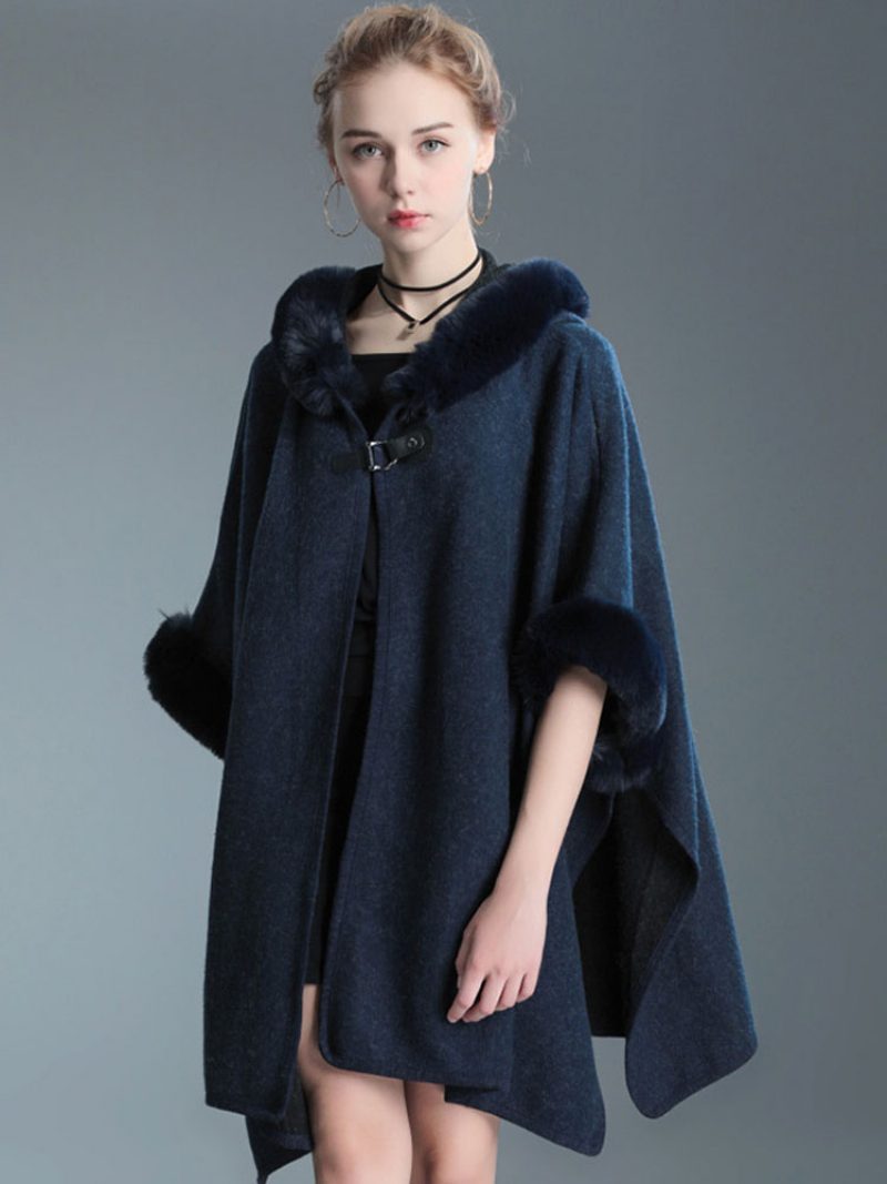 Umhang Cape Mit Kapuze Kunstpelz Herbst Poncho Mantel Für Frauen 2024 - Dunkles Marineblau