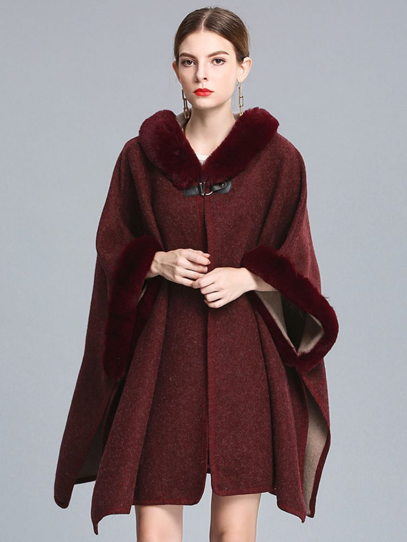 Umhang Cape Mit Kapuze Kunstpelz Herbst Poncho Mantel Für Frauen 2024 - Burgund