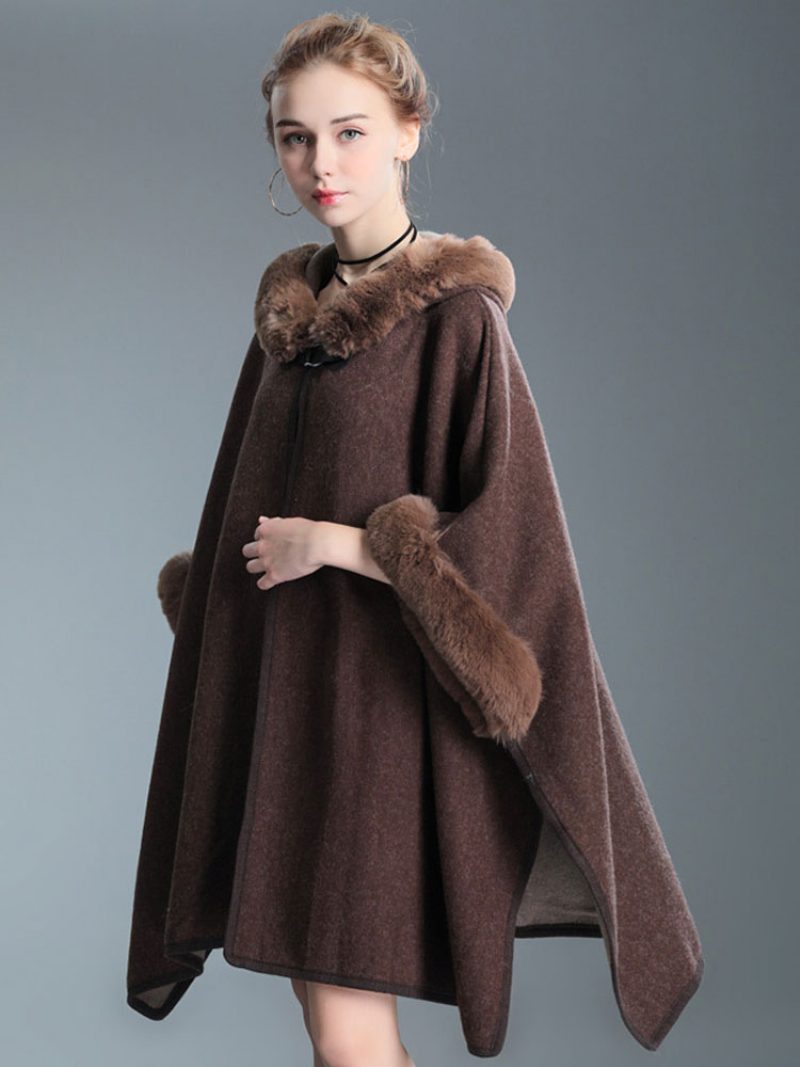 Umhang Cape Mit Kapuze Kunstpelz Herbst Poncho Mantel Für Frauen 2024 - Kaffeebraun