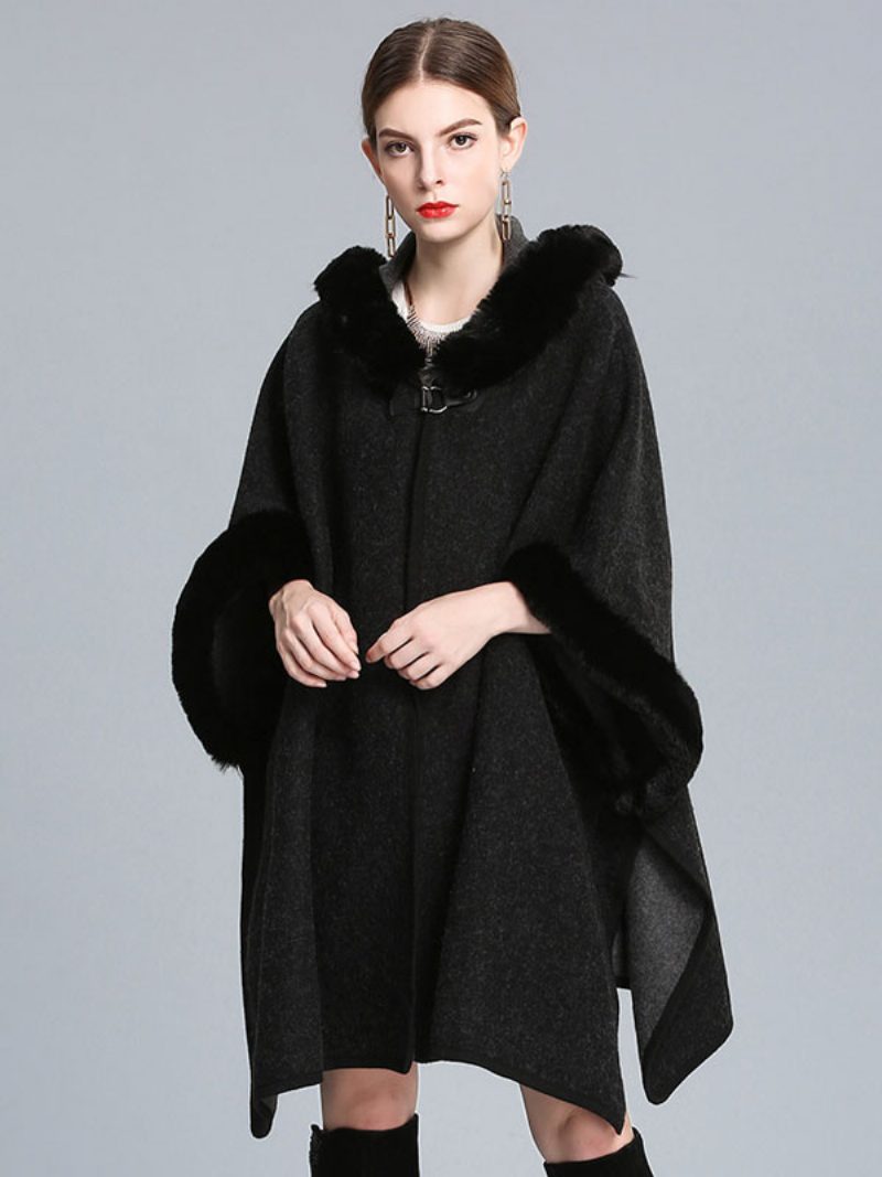 Umhang Cape Mit Kapuze Kunstpelz Herbst Poncho Mantel Für Frauen 2024 - Schwarz