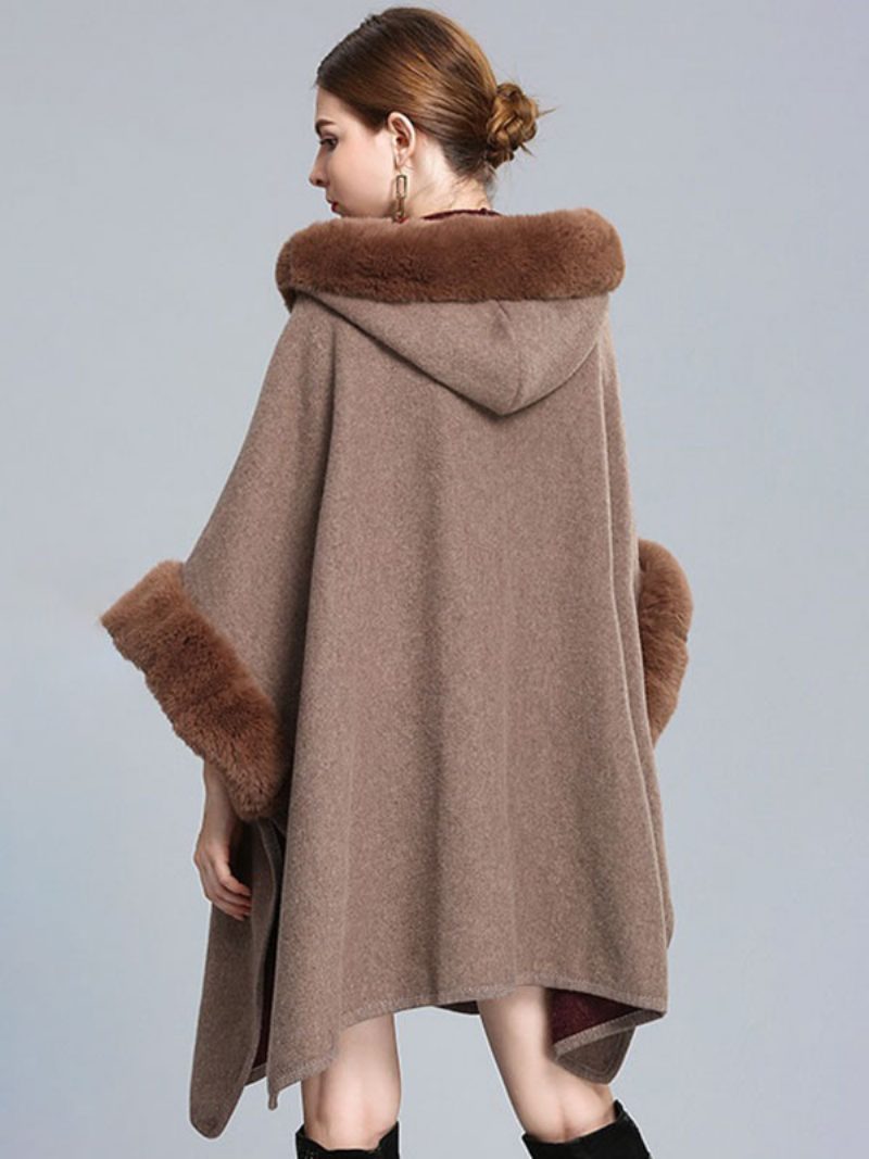 Umhang Cape Mit Kapuze Kunstpelz Herbst Poncho Mantel Für Frauen 2024 - Khaki