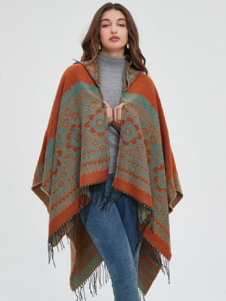 Verzierter Blumen-poncho Mit Kapuze Und Fransen. Übergroßer Damen-umhang