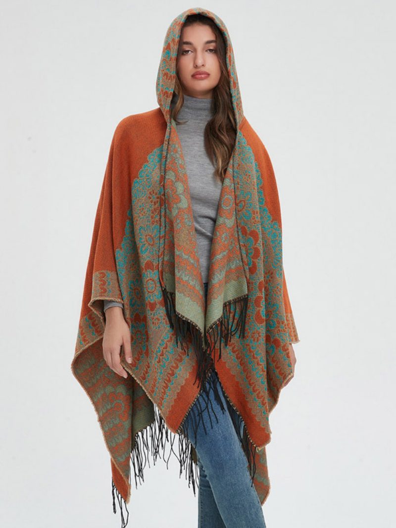 Verzierter Blumen-poncho Mit Kapuze Und Fransen. Übergroßer Damen-umhang - Gelb