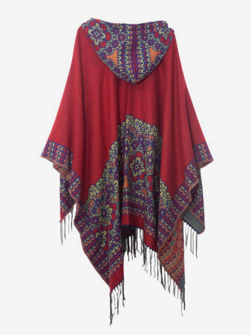 Verzierter Blumen-poncho Mit Kapuze Und Fransen. Übergroßer Damen-umhang - Rot