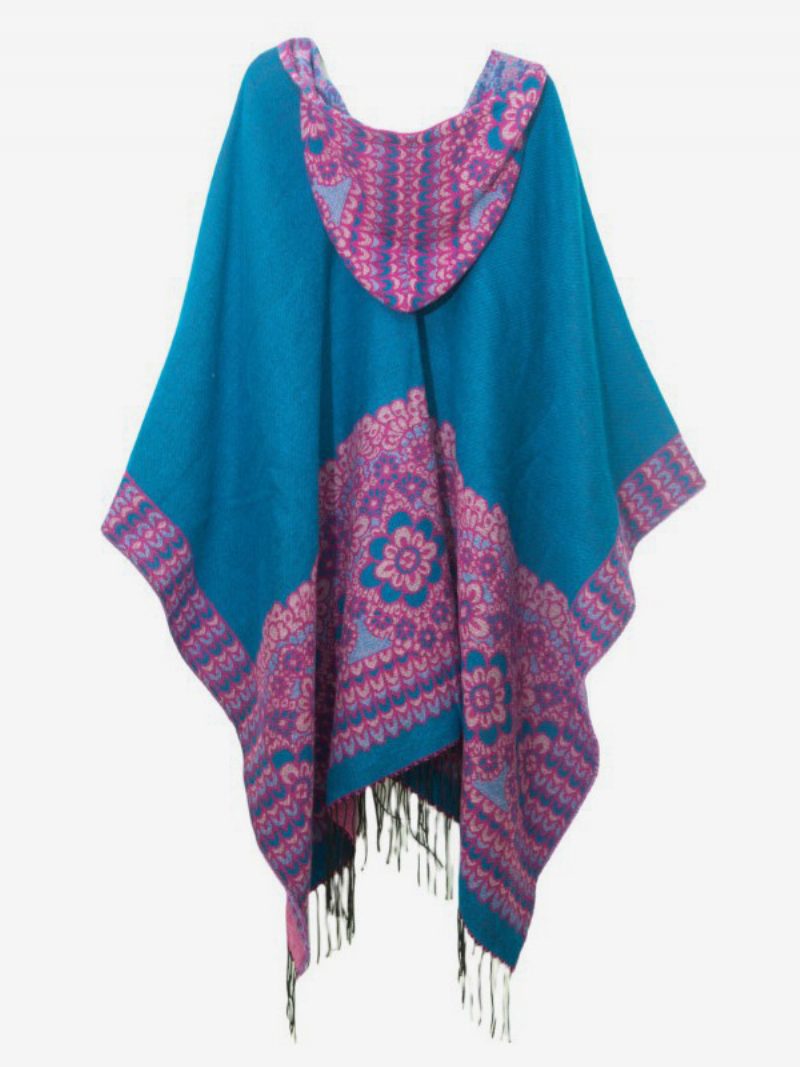 Verzierter Blumen-poncho Mit Kapuze Und Fransen. Übergroßer Damen-umhang - Blau