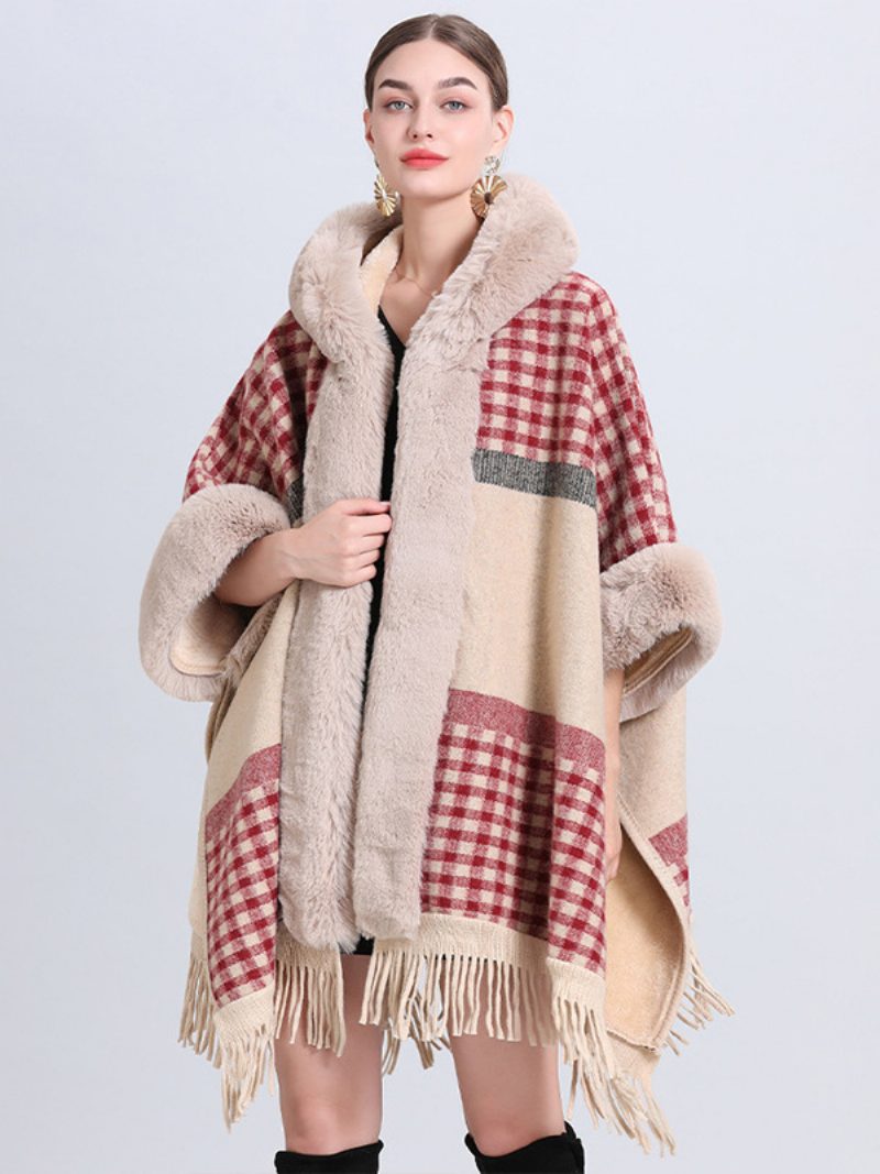 Weihnachts-cape-mantel Für Damen Mit Kapuze Kariert Fransen Winter-poncho-oberbekleidung - Rot