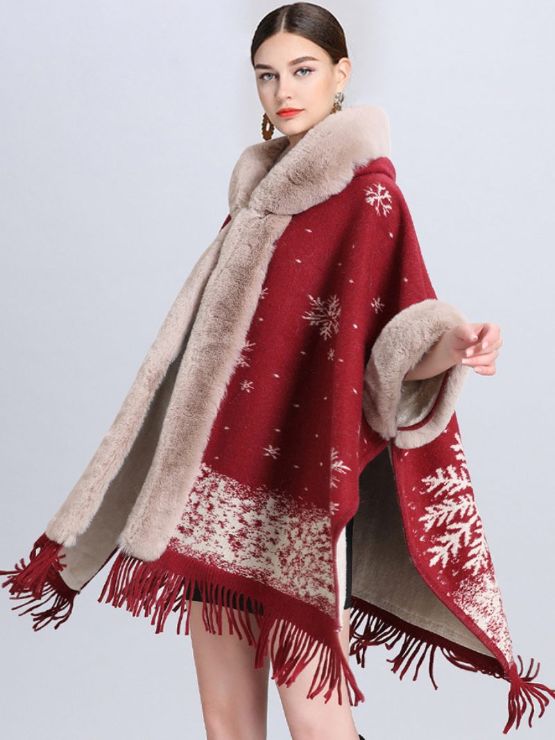 Weihnachts-cape-mantel Für Damen Mit Kapuze Kariert Fransen Winter-poncho-oberbekleidung - Dunkelrot