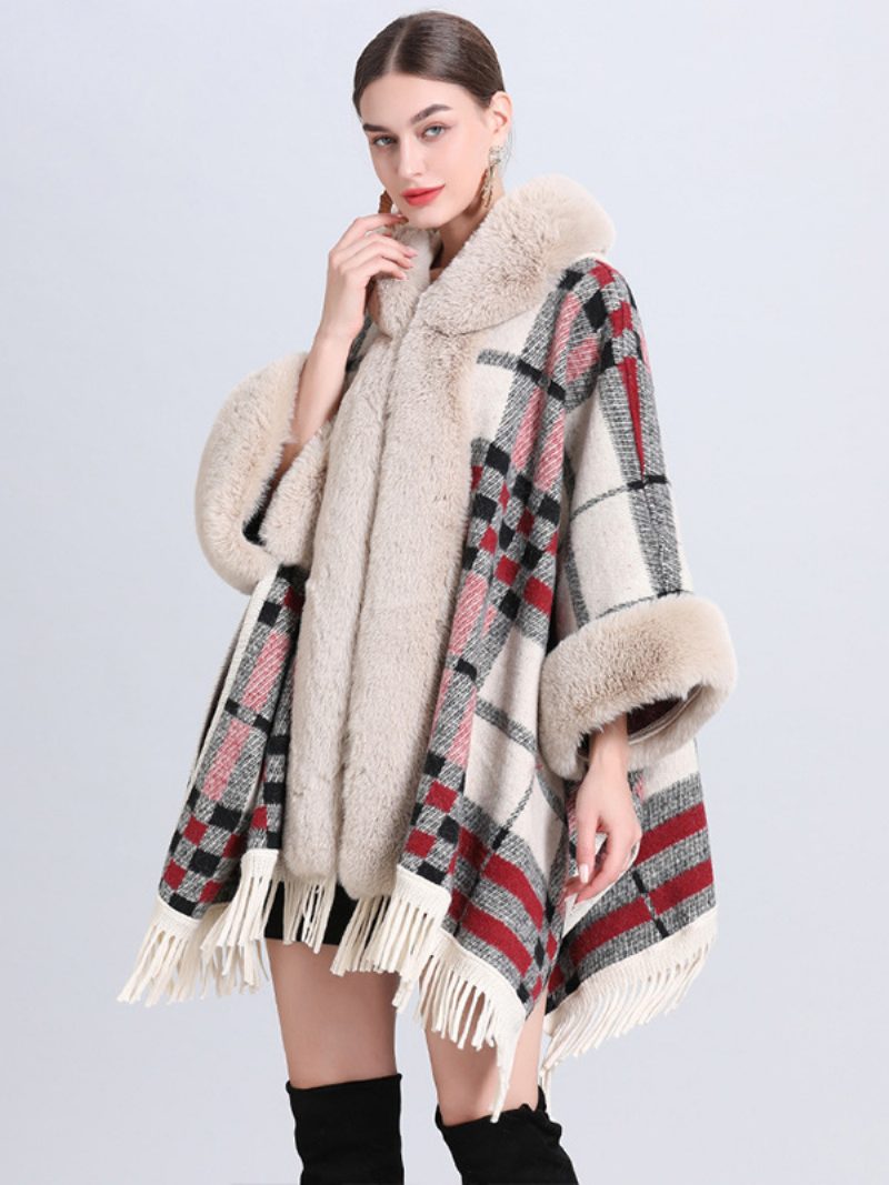 Weihnachts-cape-mantel Für Damen Mit Kapuze Kariert Fransen Winter-poncho-oberbekleidung - Grau