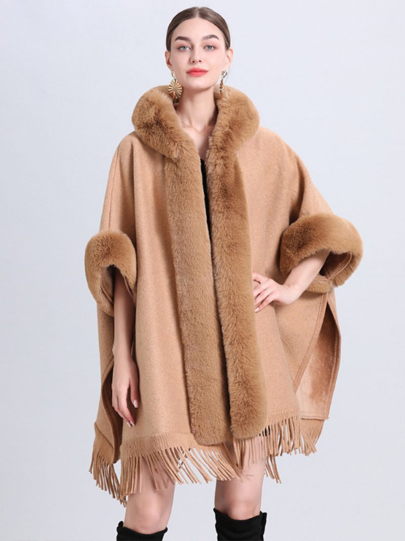 Weihnachts-cape-mantel Für Damen Mit Kapuze Kariert Fransen Winter-poncho-oberbekleidung - Kamel