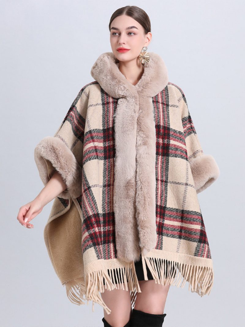 Weihnachts-cape-mantel Für Damen Mit Kapuze Kariert Fransen Winter-poncho-oberbekleidung - Beige