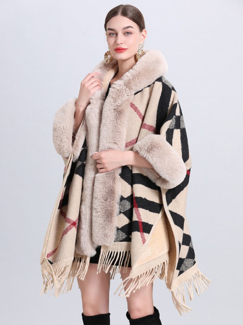 Weihnachts-cape-mantel Für Damen Mit Kapuze Kariert Fransen Winter-poncho-oberbekleidung - Schwarz