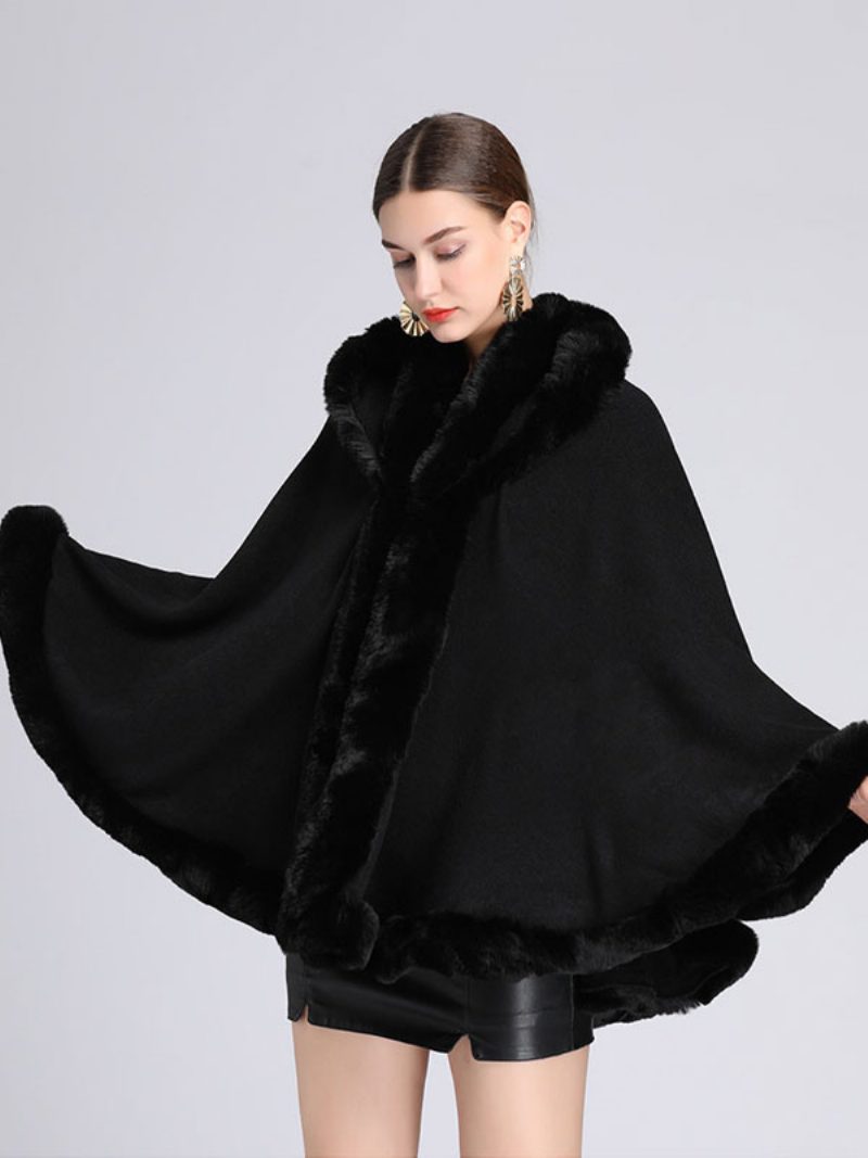 Weihnachtsumhang Cape Kunstpelz Kapuzen-poncho-mantel Für Frauen 2024 - Schwarz