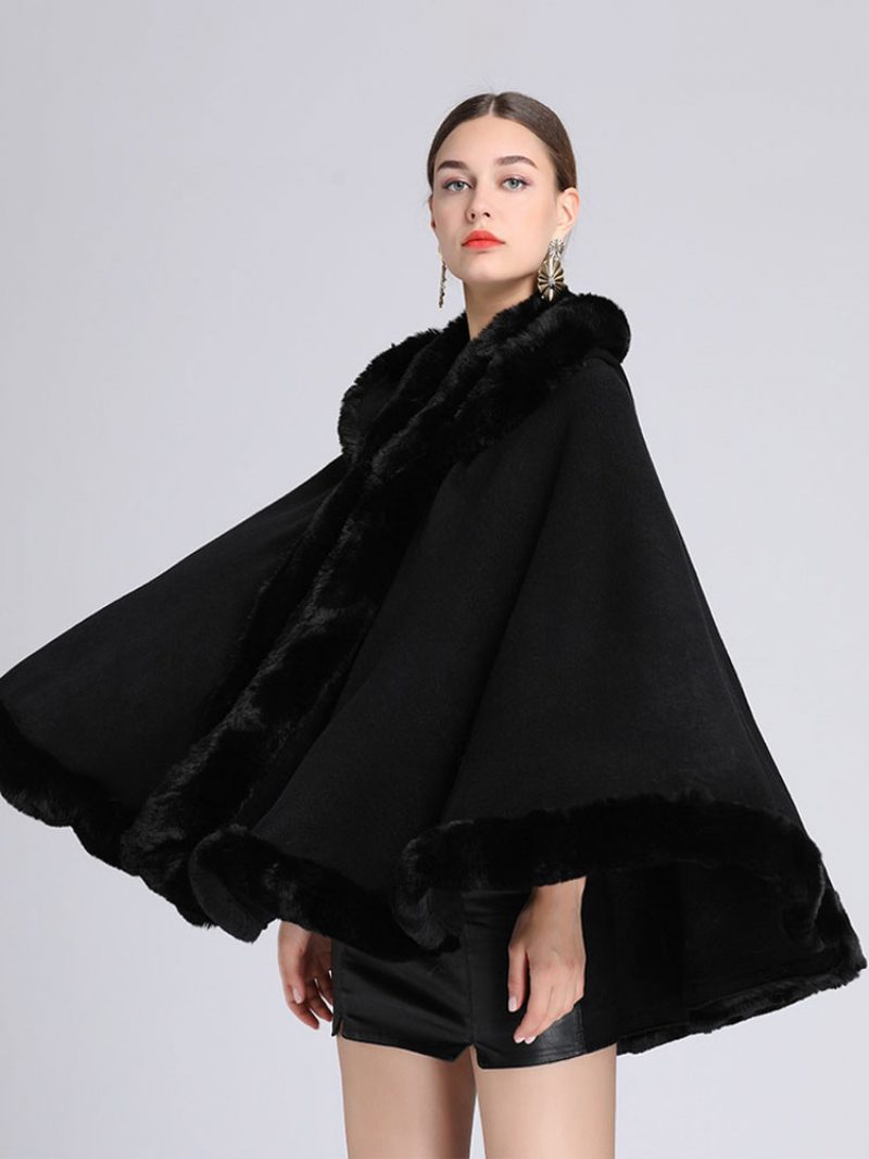 Weihnachtsumhang Cape Kunstpelz Kapuzen-poncho-mantel Für Frauen 2024 - Schwarz